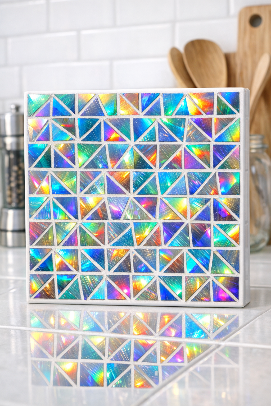 Finished iridescent mosaic backsplash tile made from old CDs