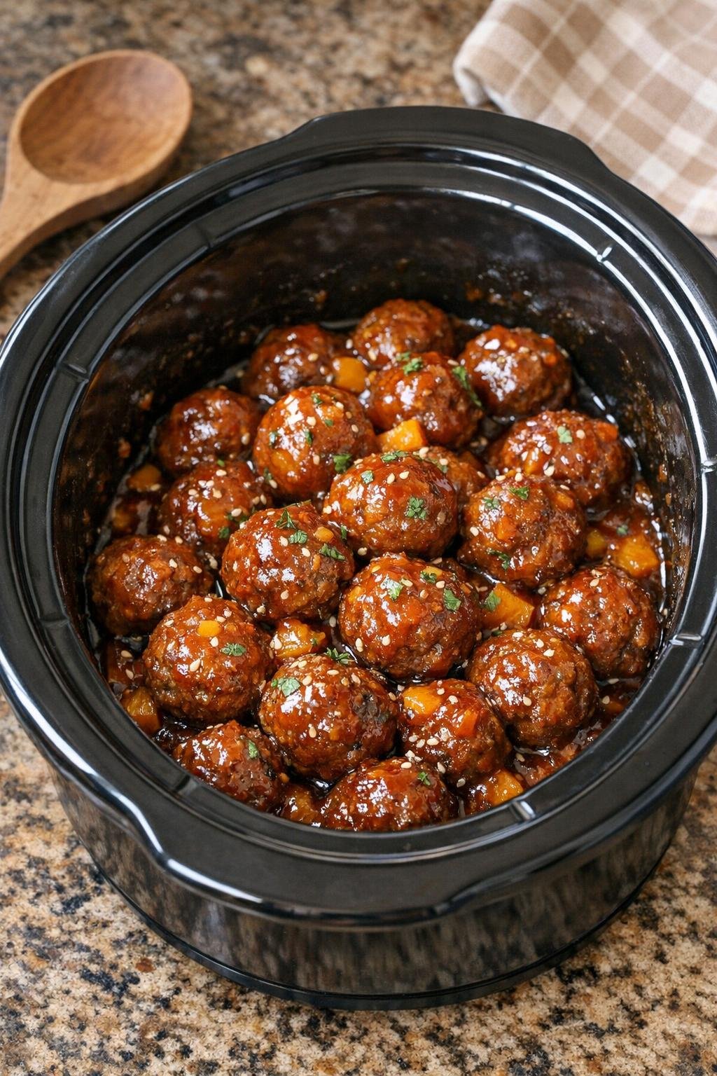 Finished mango habanero beef meatballs in a slow cooker
