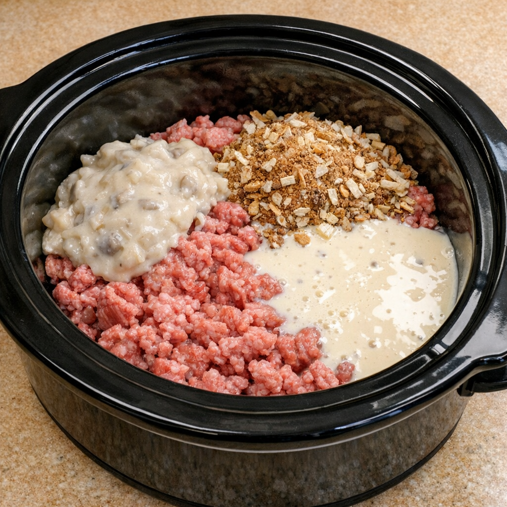 Soup mix, mushroom soup, and evaporated milk added over ground beef in the slow cooker