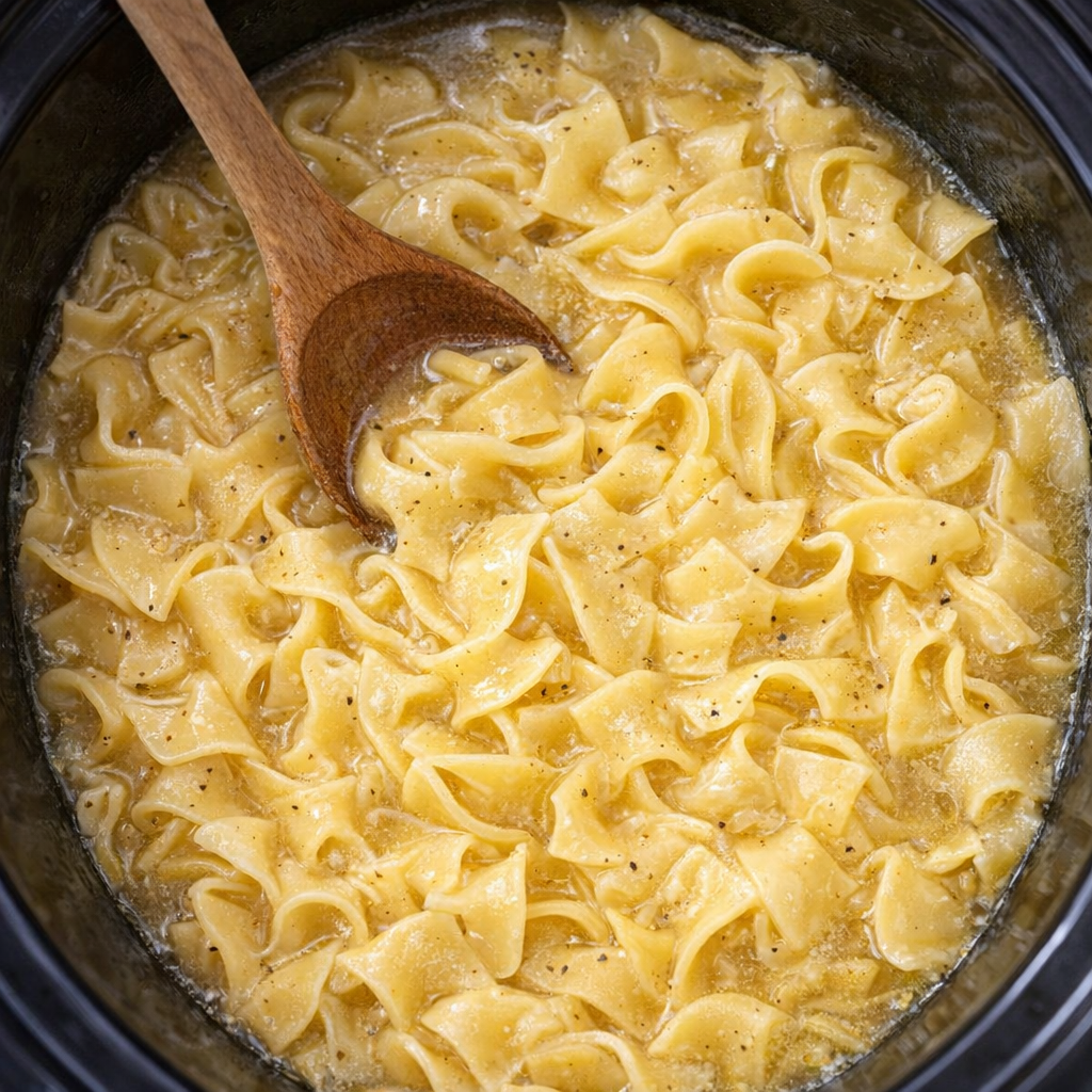 Egg noodles softening in buttery broth inside the slow cooker