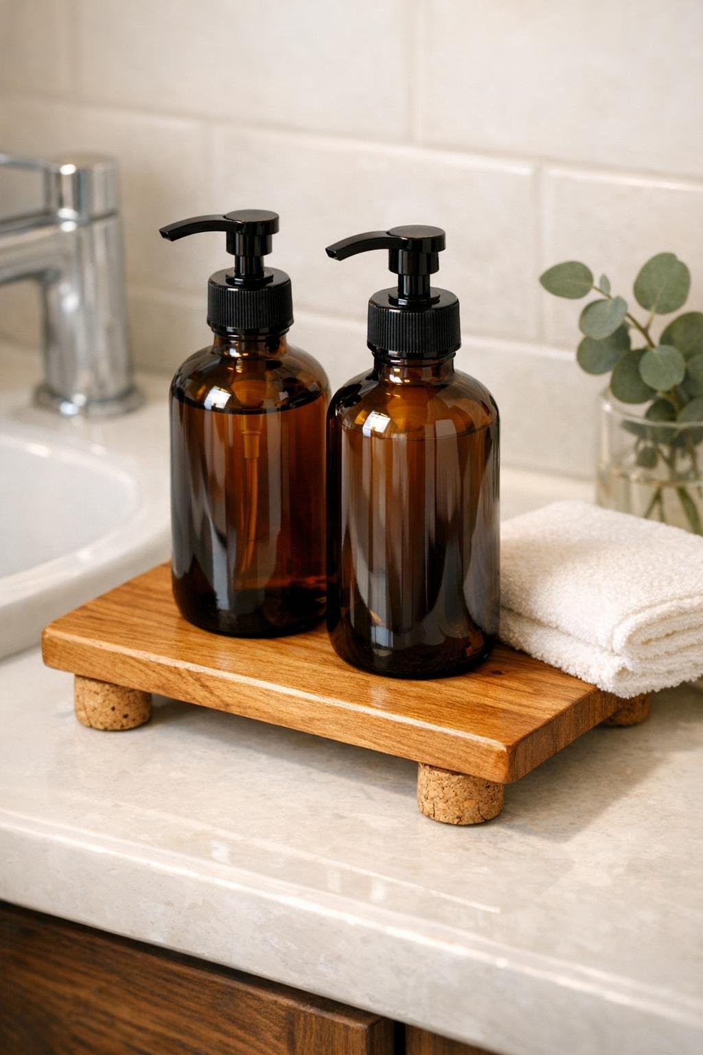 Finished bathroom soap dispenser tray on a sink counter