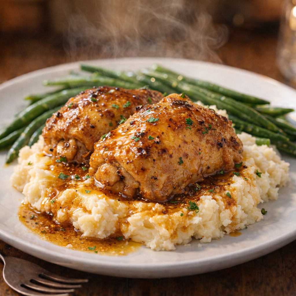 Served honey mustard chicken over mashed potatoes
