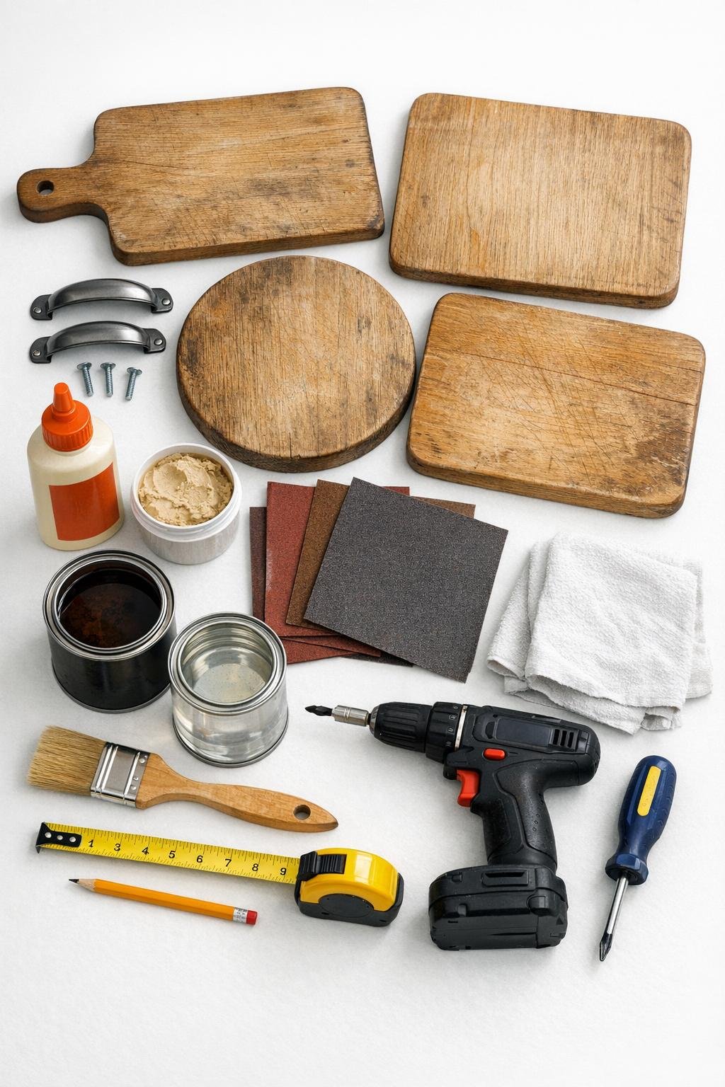Materials for making a decorative serving tray from old wooden cutting boards