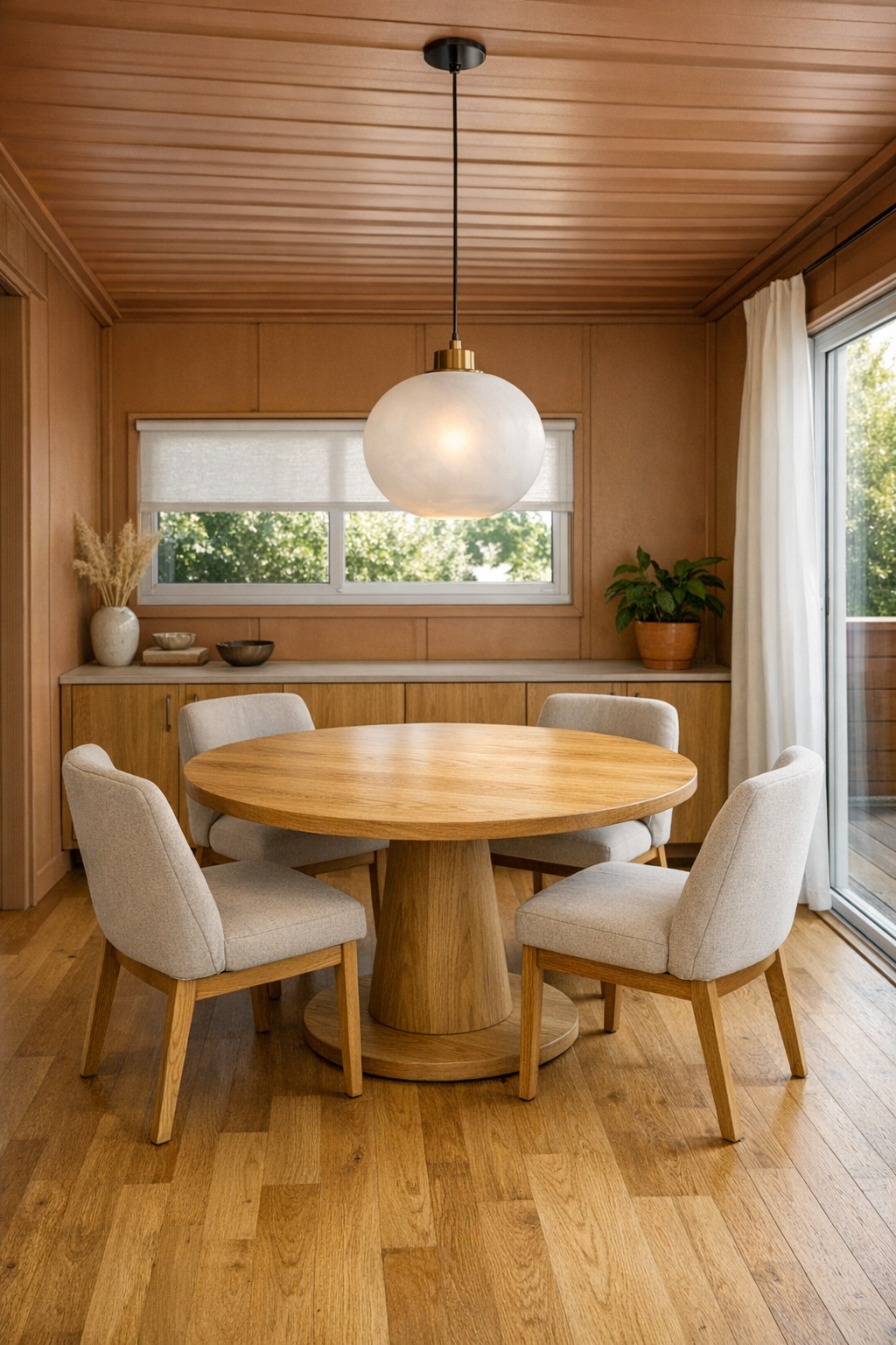 Accessible dining room with round table, upholstered chairs, and soft pendant light