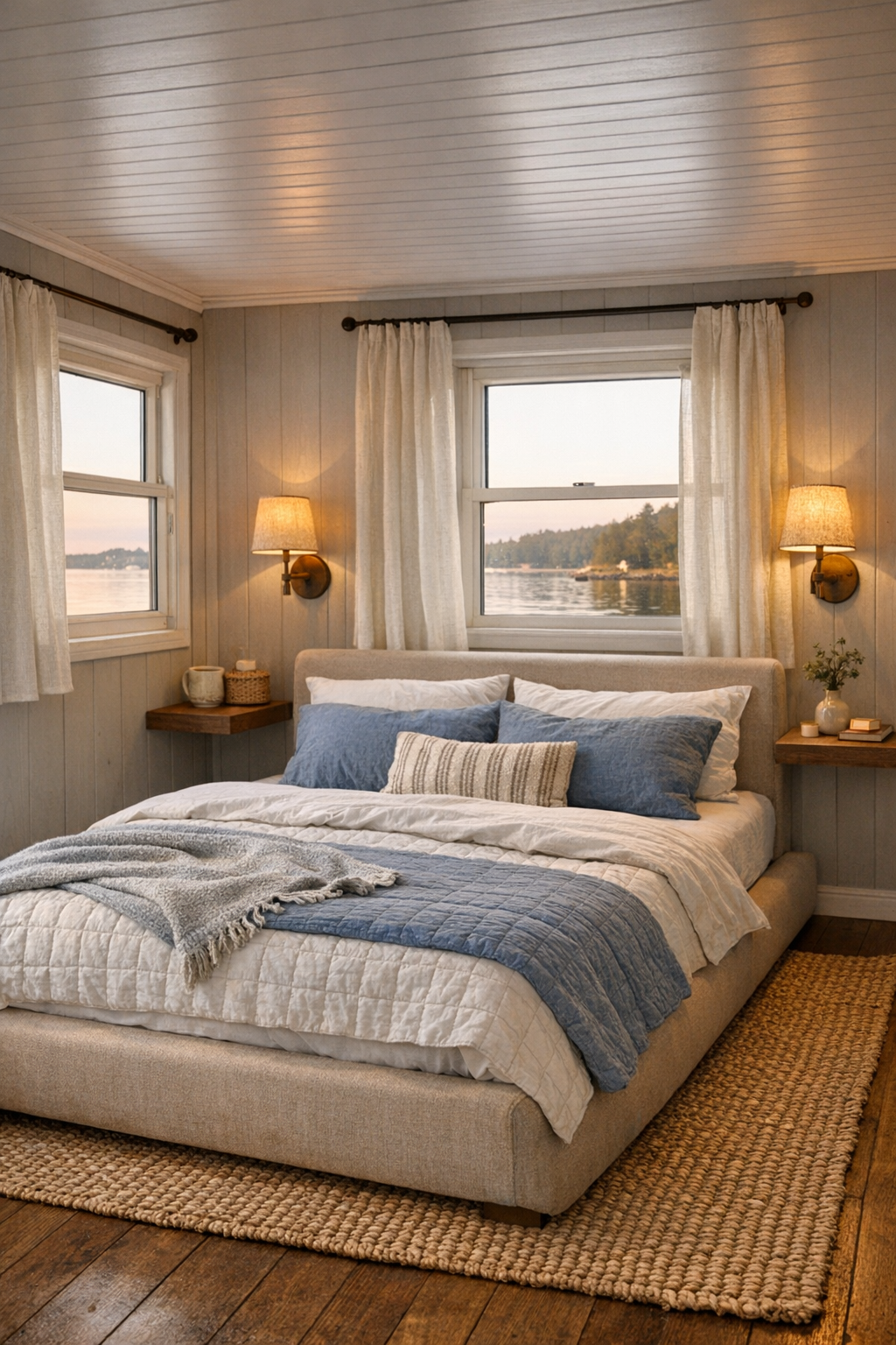 Bedroom with a low linen bed, pale paneled walls, and soft layered cottage textiles