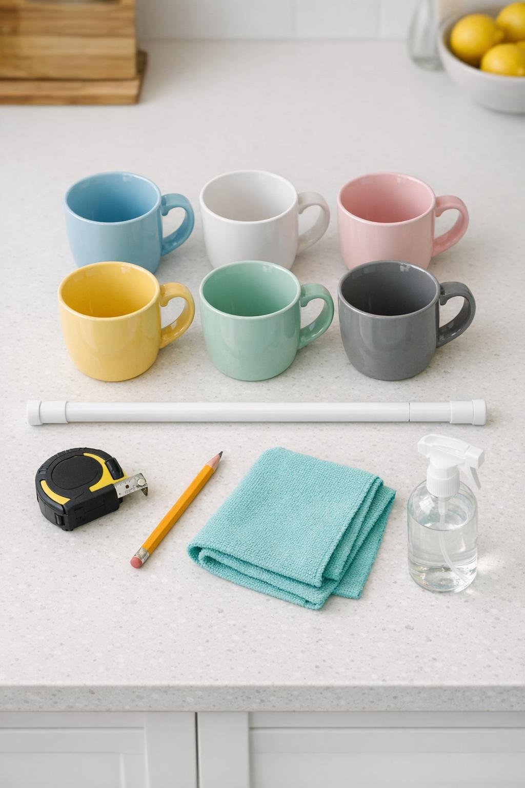 Materials for an under-cabinet tension rod mug rack laid out on a counter