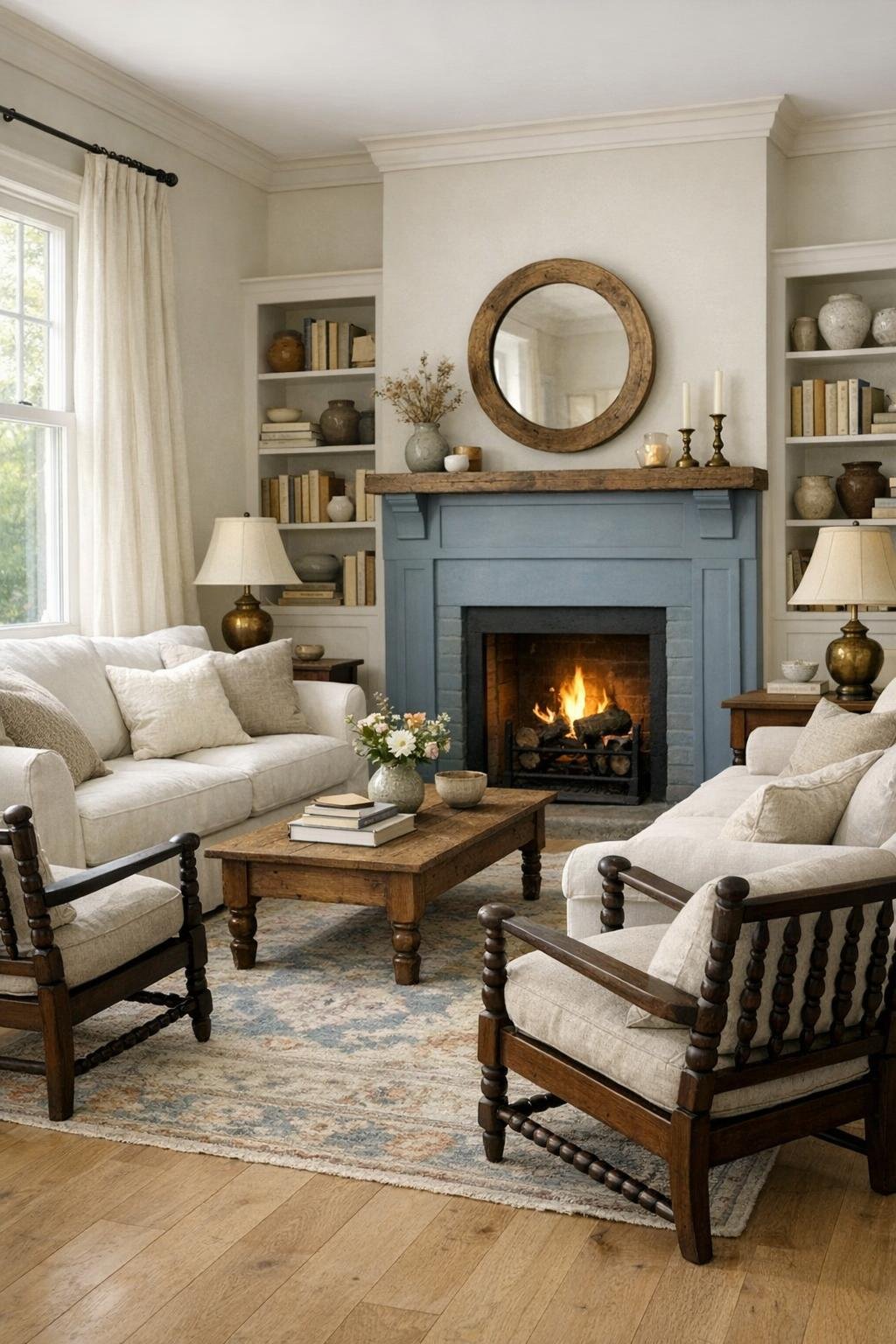 Cozy cottage living room with pale oak floors, ivory sofa, blue-gray fireplace, and layered soft textiles