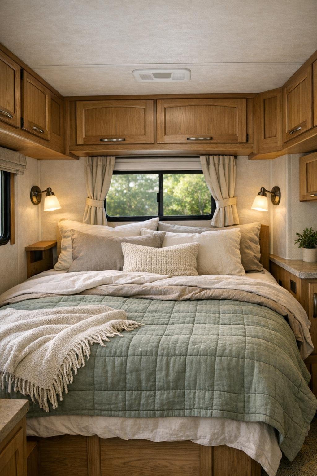 Quiet camper bedroom with layered neutral bedding, soft quilt, and built-in storage