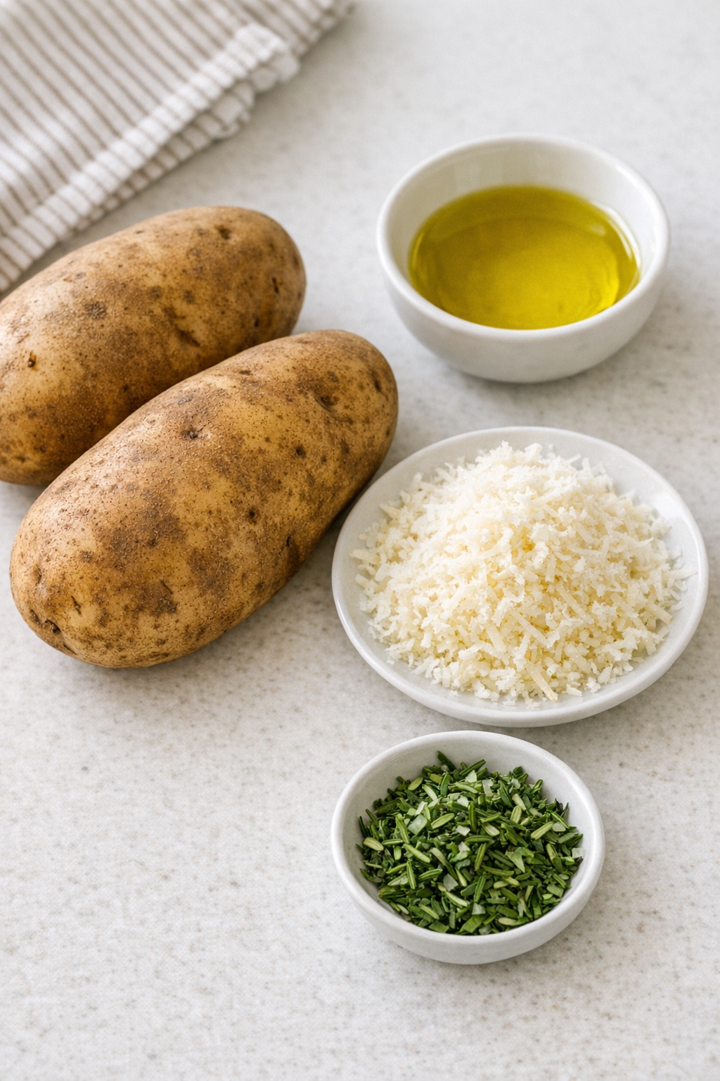 Sliced potatoes, olive oil, parmesan, and rosemary on a kitchen counter