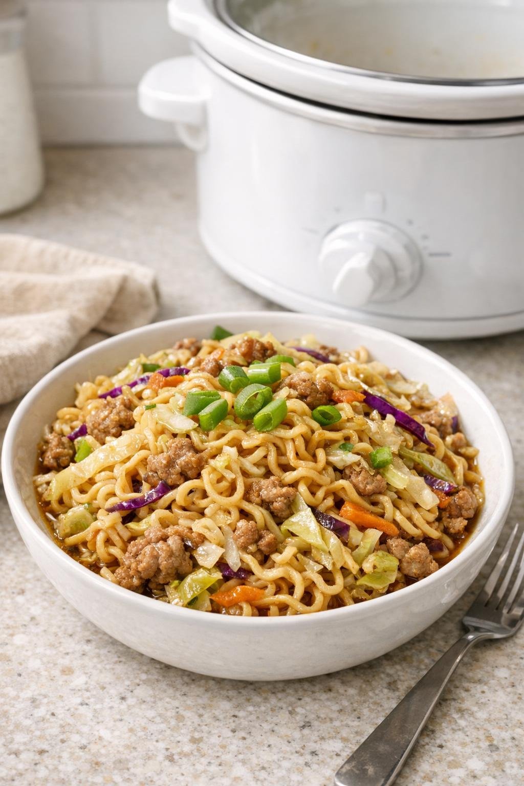 Finished egg roll noodle bowl plated in a shallow bowl