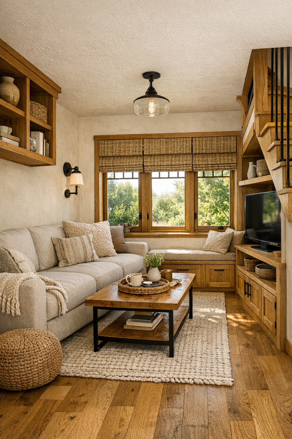 Cozy tiny home living room with warm oak built-ins, cream walls, linen seating, and prairie-style windows