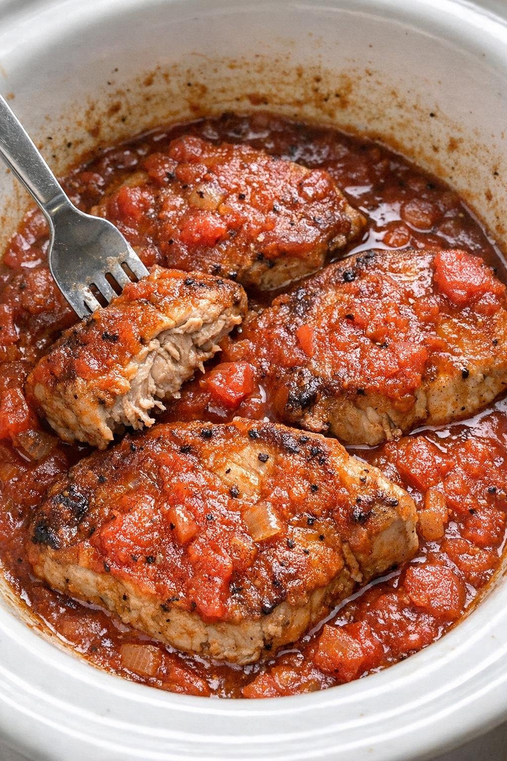 Slow cooker tomato pork chops in a white slow cooker