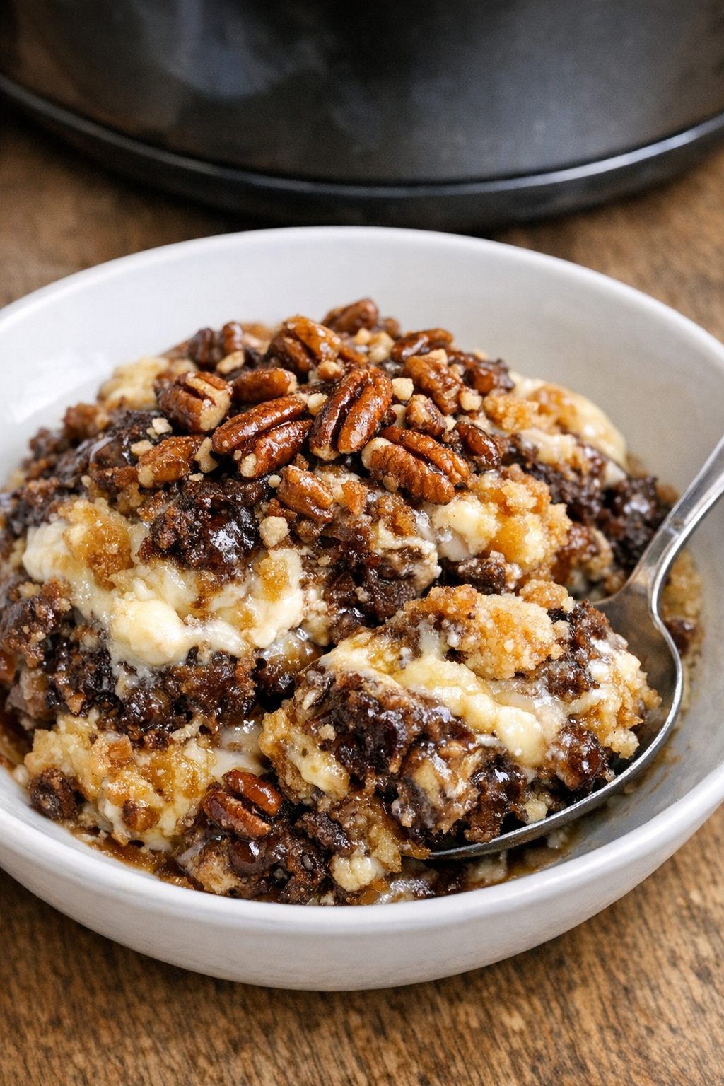 Finished slow cooker earthquake cake served warm with pecans