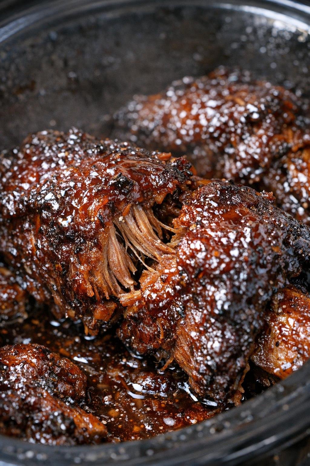 Slow-roasted glazed beef ribs in a slow cooker