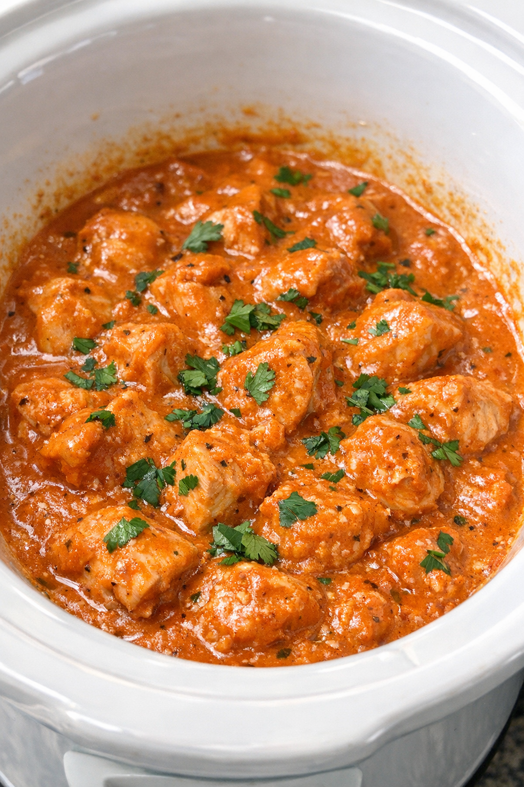 Creamy tikka masala chicken in a white slow cooker
