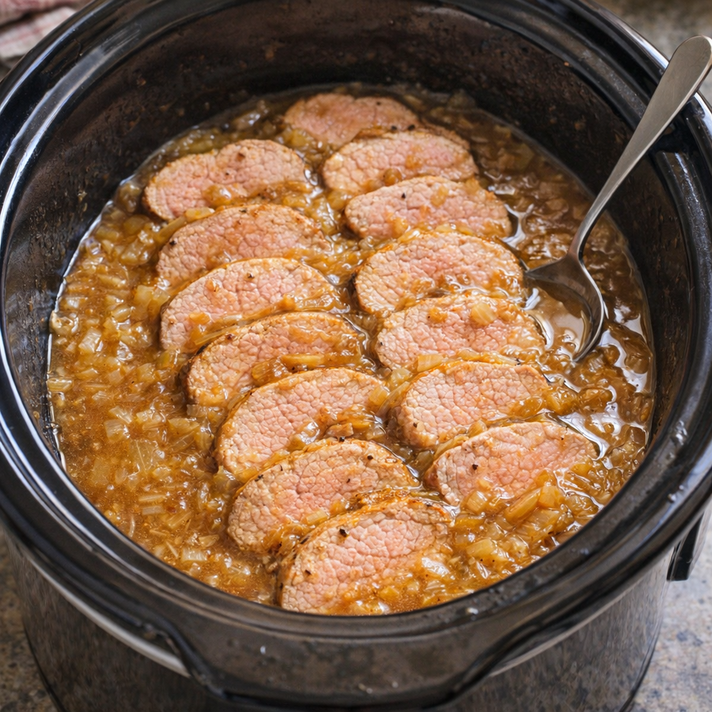 Slow cooker pork tenderloin in onion gravy