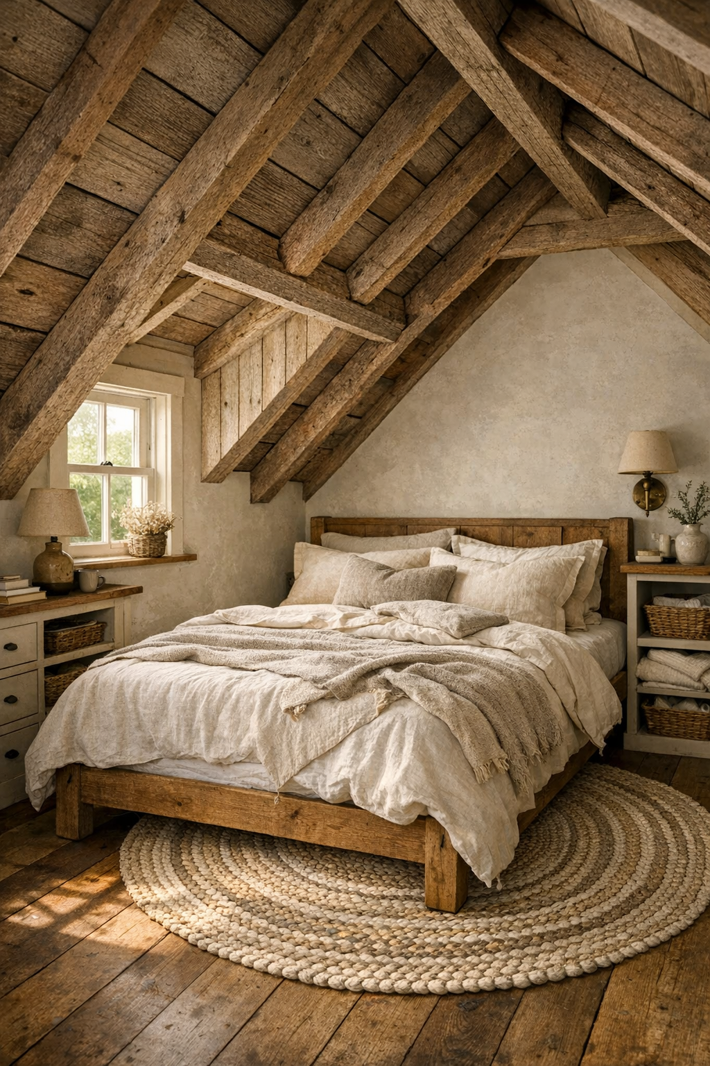Quiet barn loft bedroom with sloped ceilings, exposed rafters, and layered natural bedding