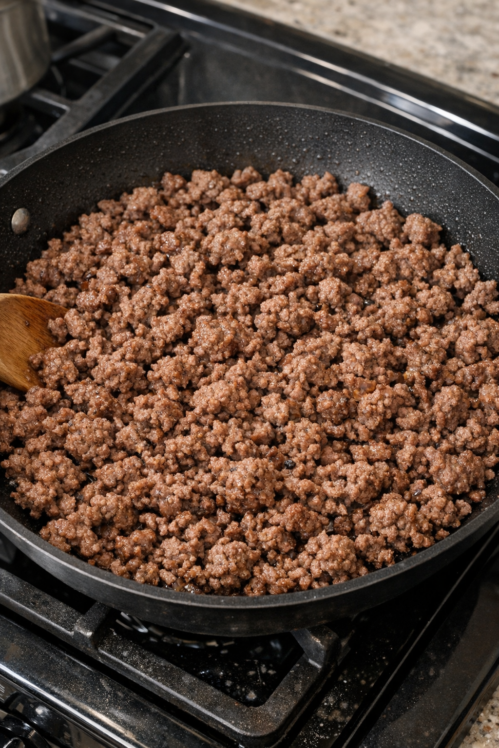 Ground beef browned in a skillet