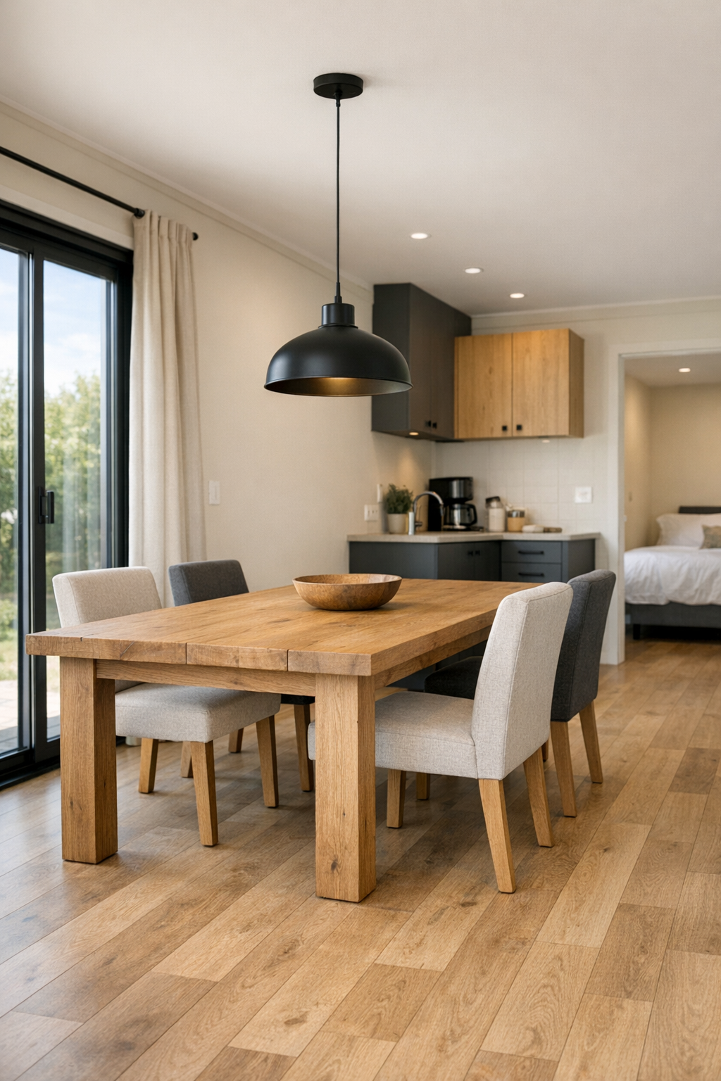 Warm dining room with solid wood table, upholstered chairs, and simple modern farmhouse lighting