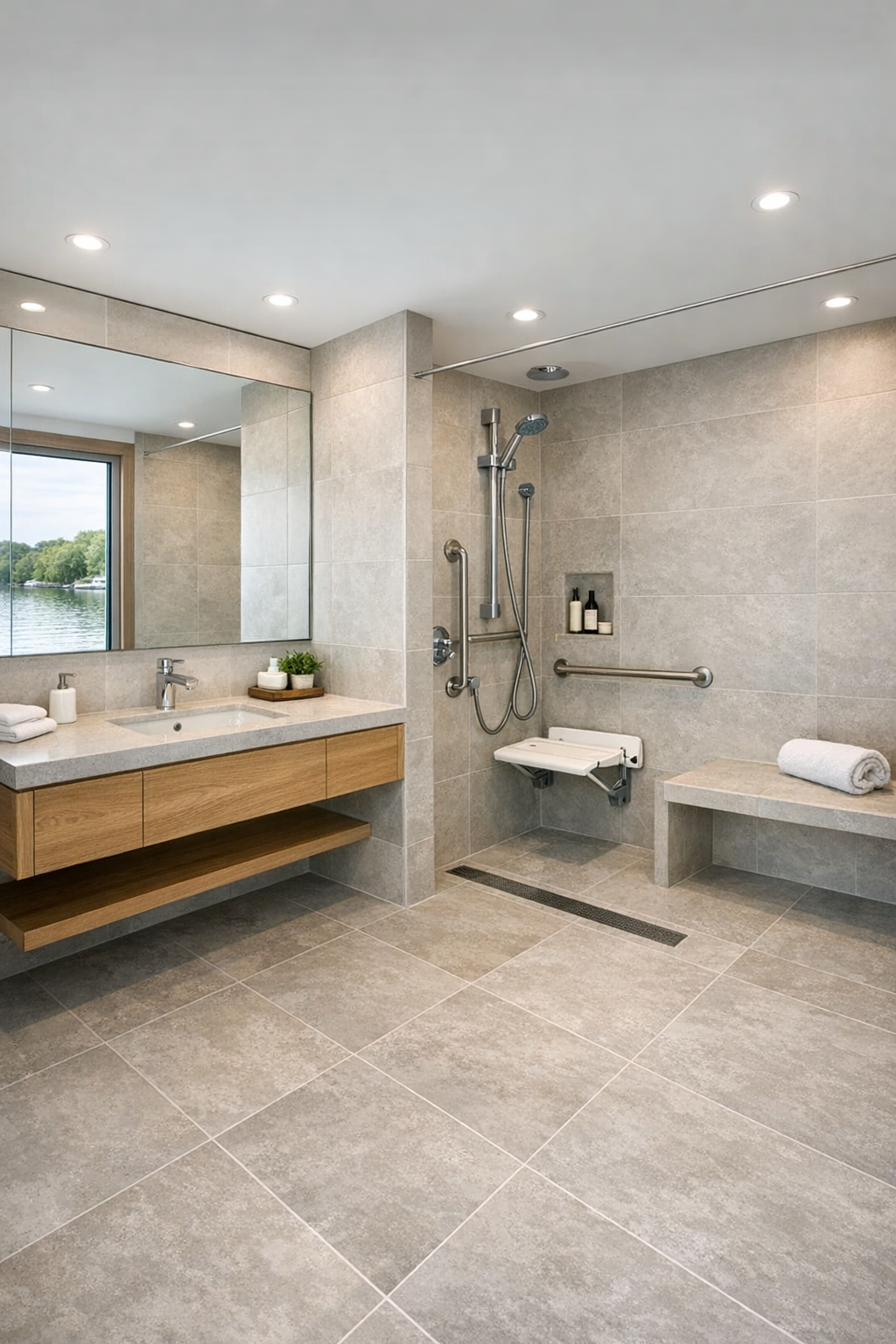 Spa-like bathroom with floating oak vanity, curbless shower, and soft stone finishes