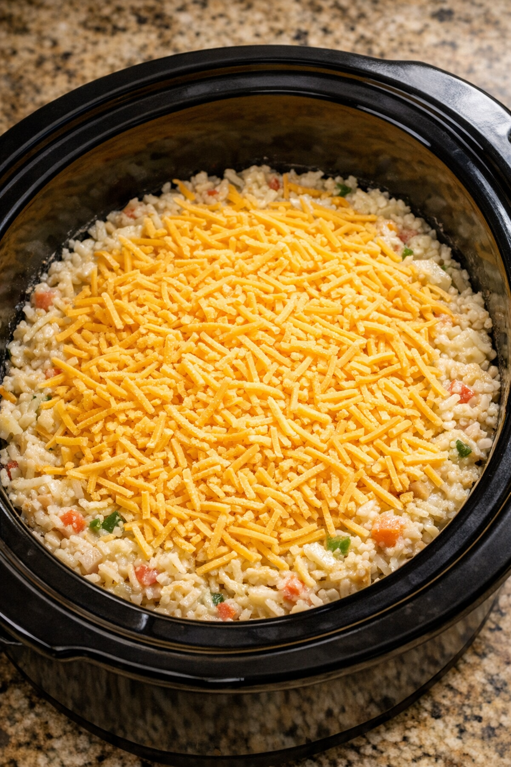 Hash brown casserole mixture spread in a black slow cooker