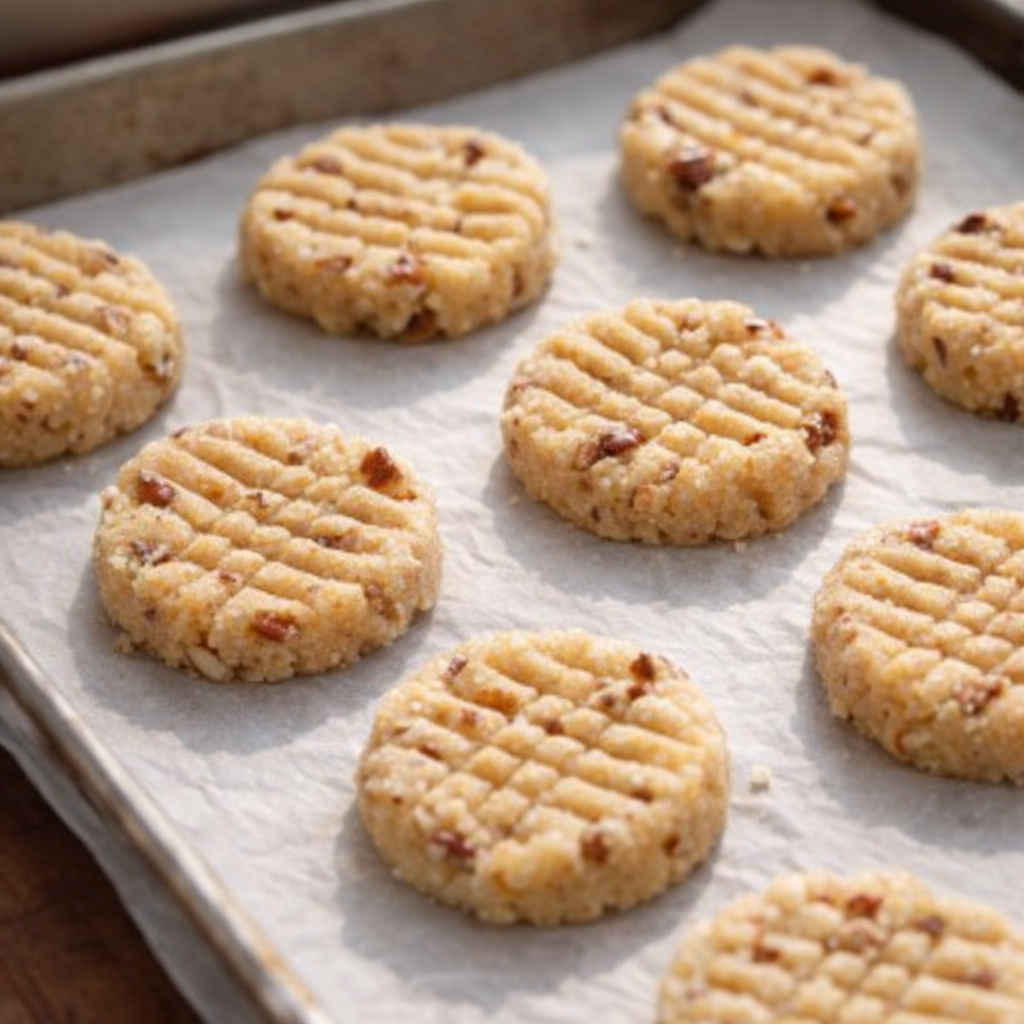 Unbaked pecan shortbread cookies shaped on a baking sheet