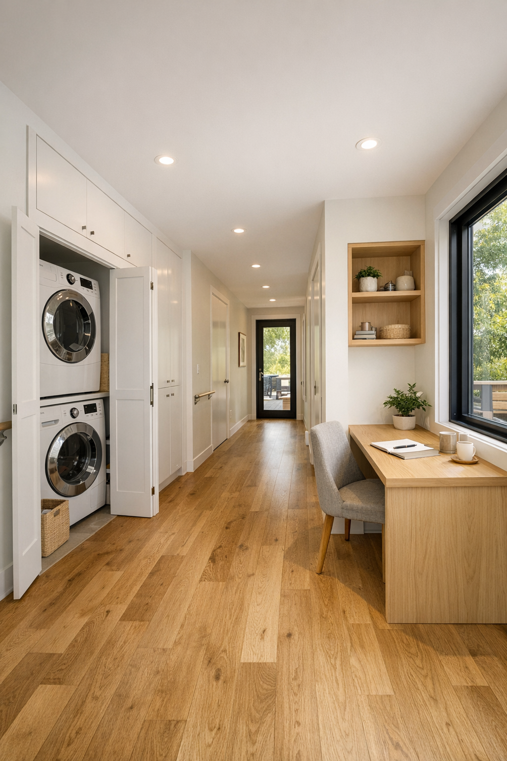 Flexible modern hallway and nook with built-in storage, oak floors, and natural light