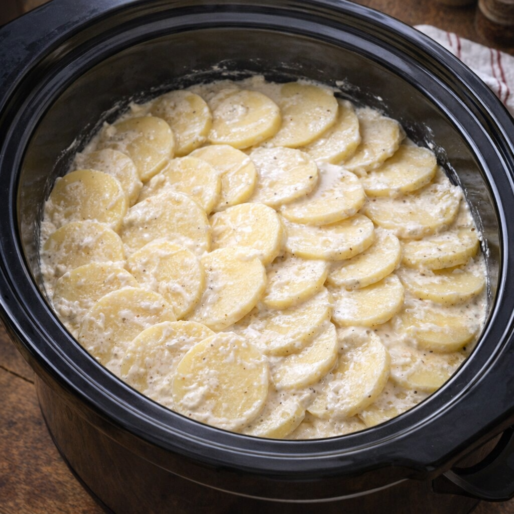 Layered potatoes in the slow cooker before cooking