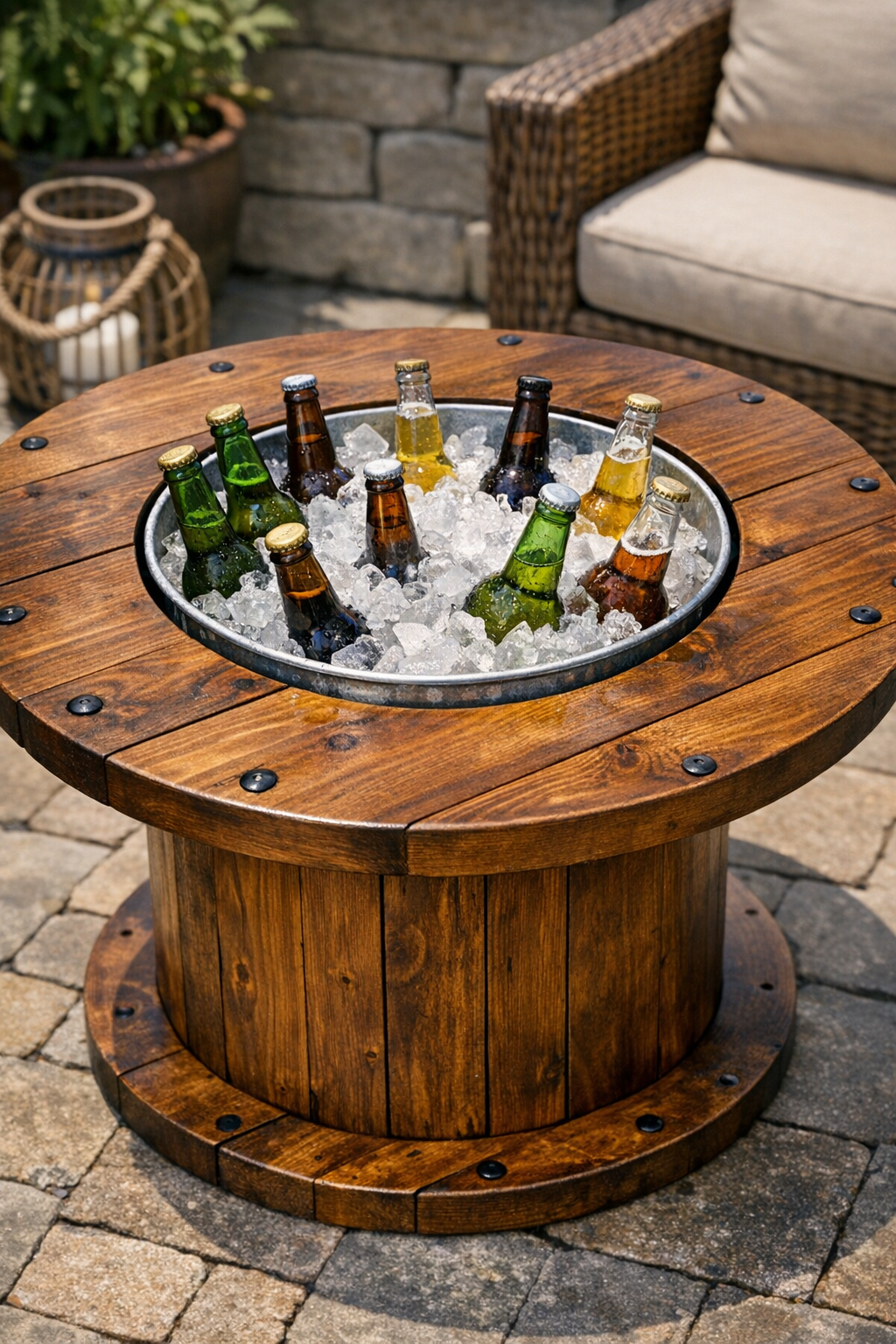 Finished outdoor wooden spool drink cooler table with galvanized bucket filled with ice and bottled drinks