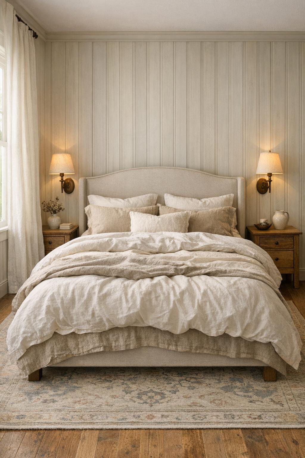 Calm farmhouse bedroom with layered linen bedding and paneled wall