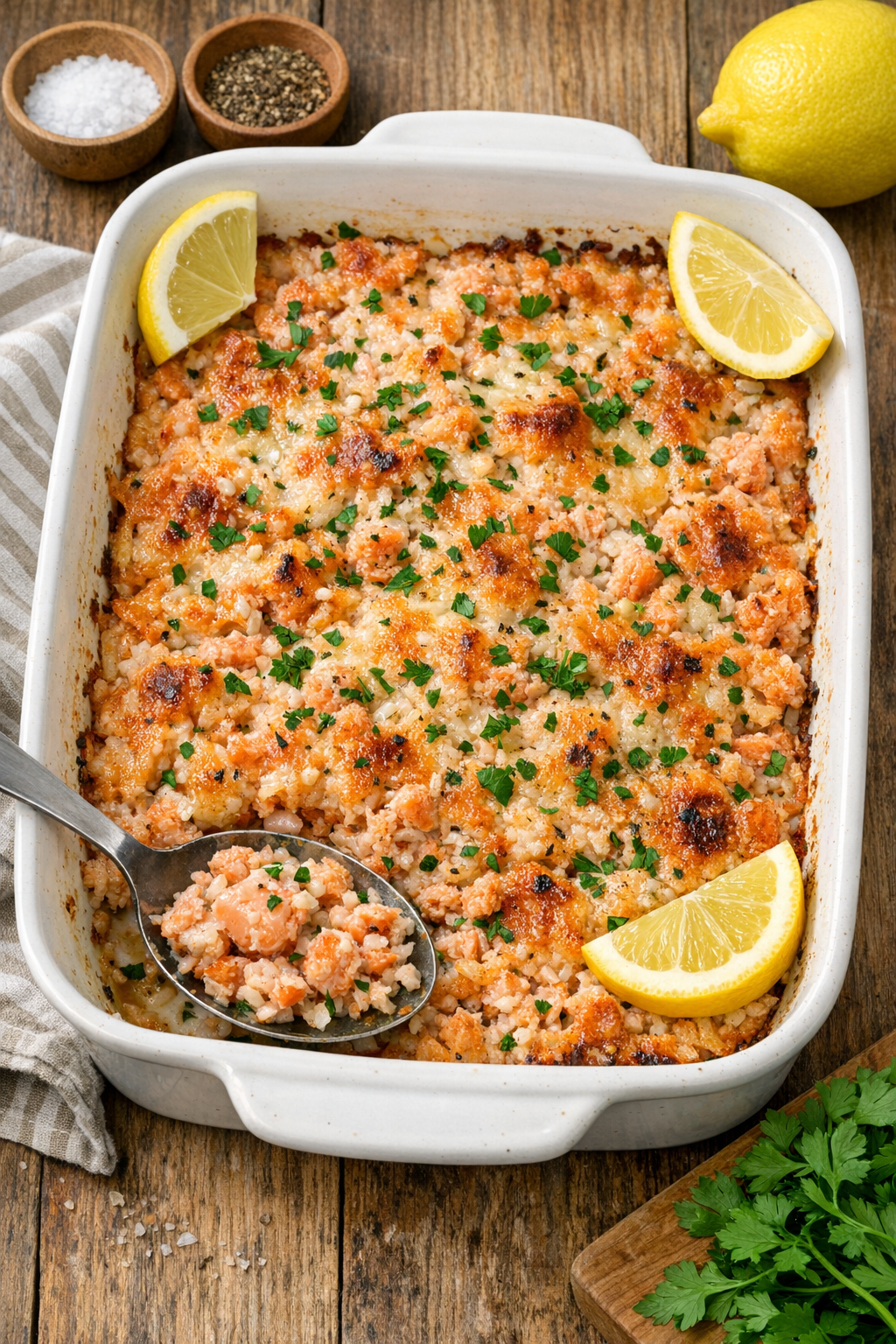 Baked ground salmon casserole served hot in a casserole dish