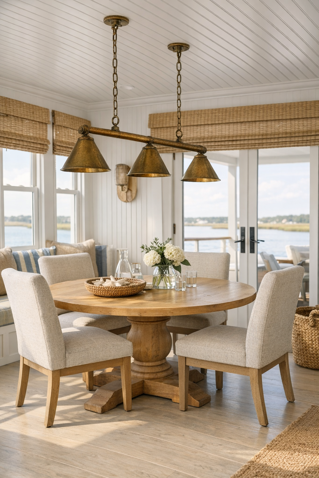 Open dining area with a light wood pedestal table, upholstered chairs, and soft coastal finishes