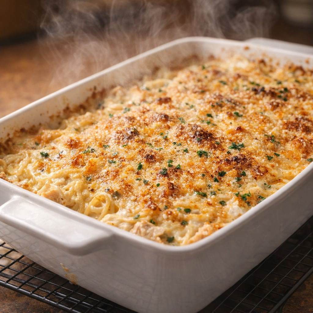 Freshly baked tetrazzini with a golden browned top