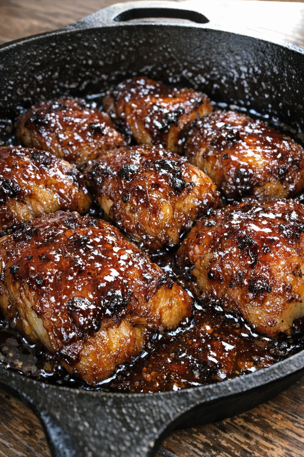 Roasted protein glazed with dark amber sauce in a cast iron pan