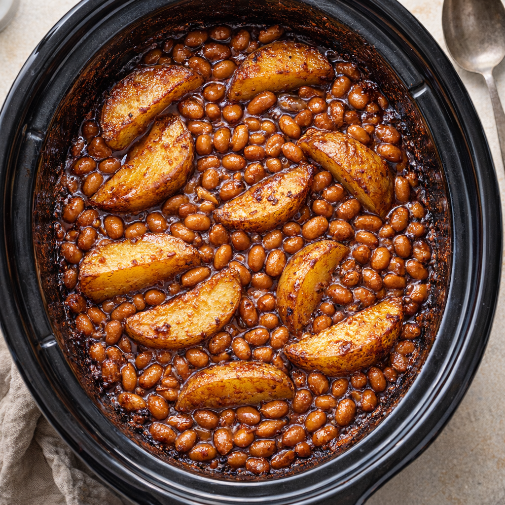 Bovenaanzicht van een ovenschotel met gebakken bonen en aardappelen in een slowcooker.