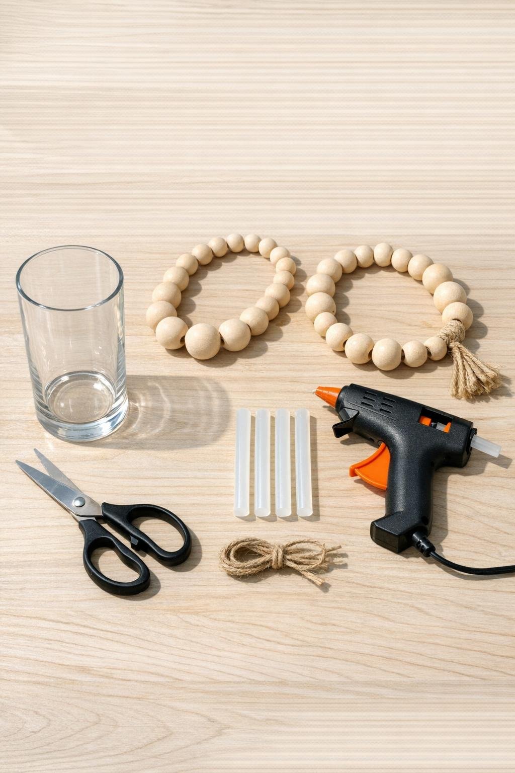 Materials for making a wooden bead wrapped glass vase riser