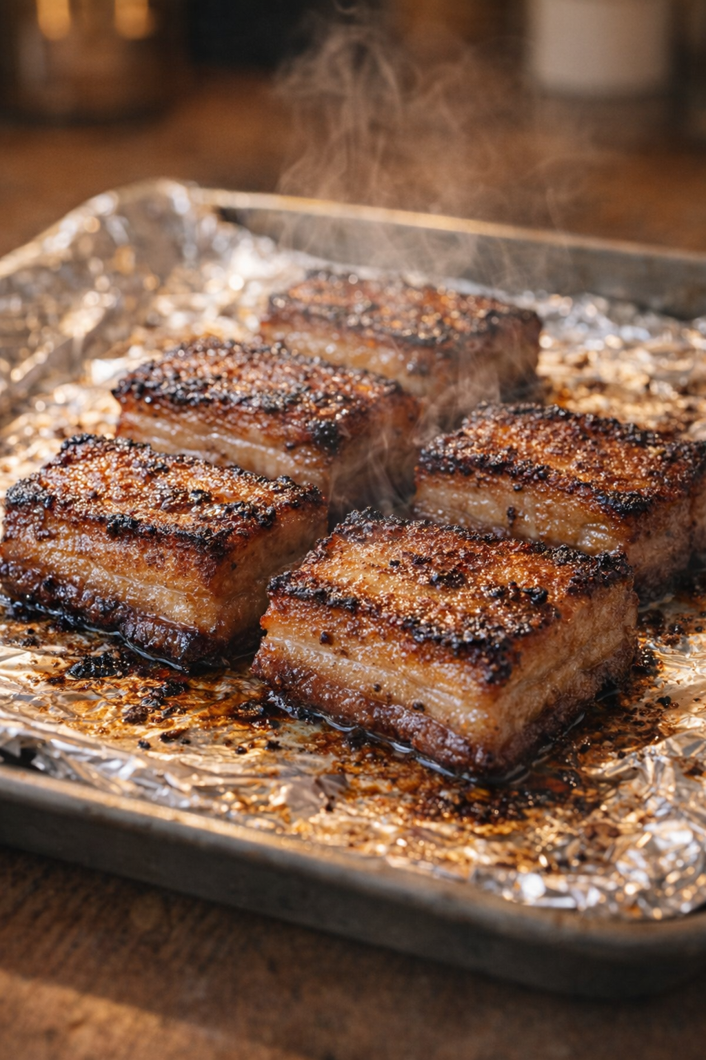 Broiled pork belly with crisp caramelized edges