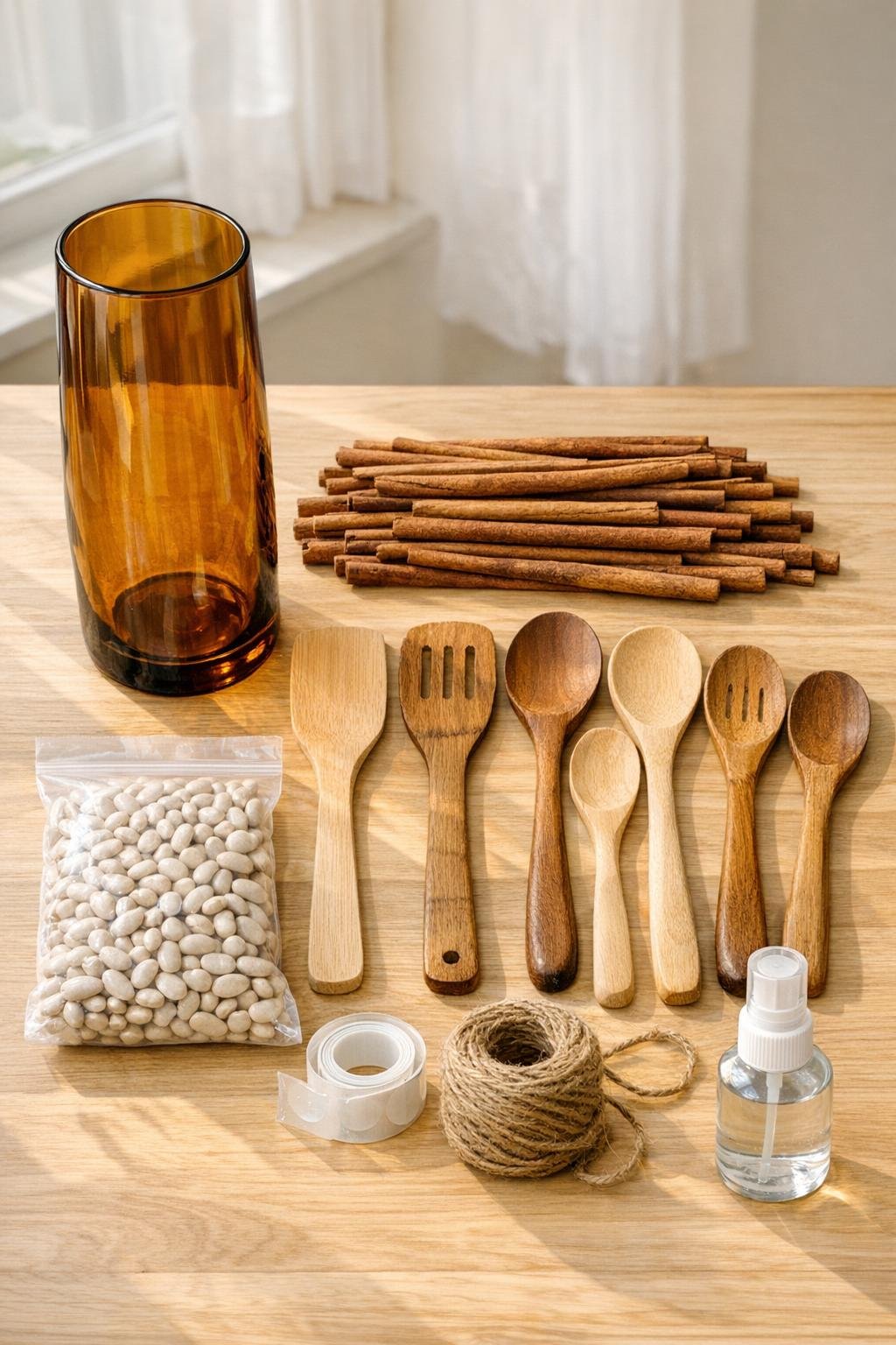 Materials laid out for an amber glass vase utensil crock