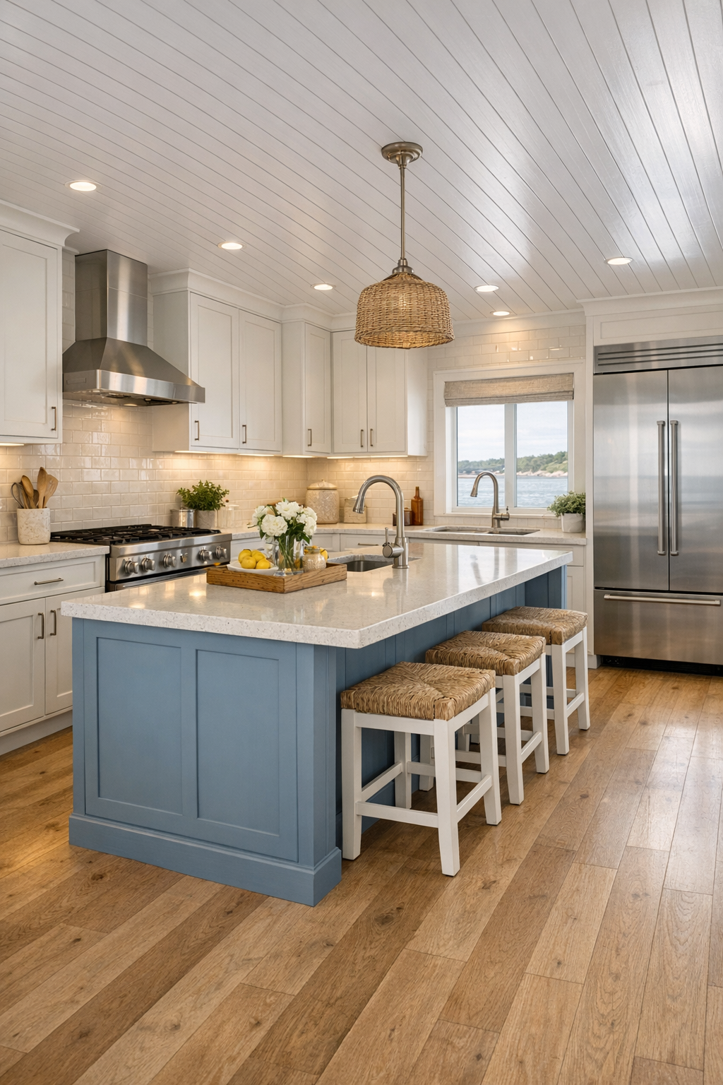 Accessible coastal farmhouse kitchen with blue-gray island and shaker cabinets