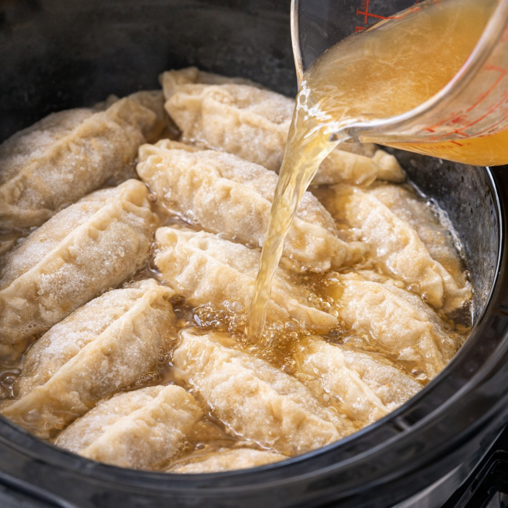 Broth poured over frozen potstickers in slow cooker