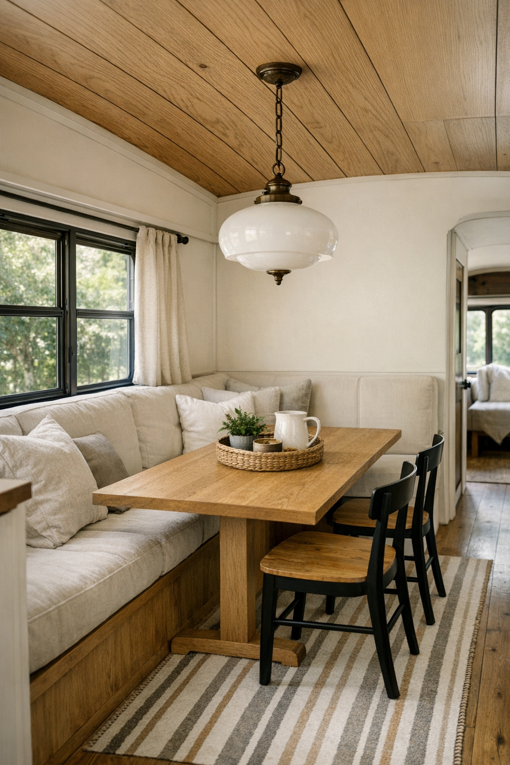 Built-in dining nook inside a converted bus with banquette seating and oak table