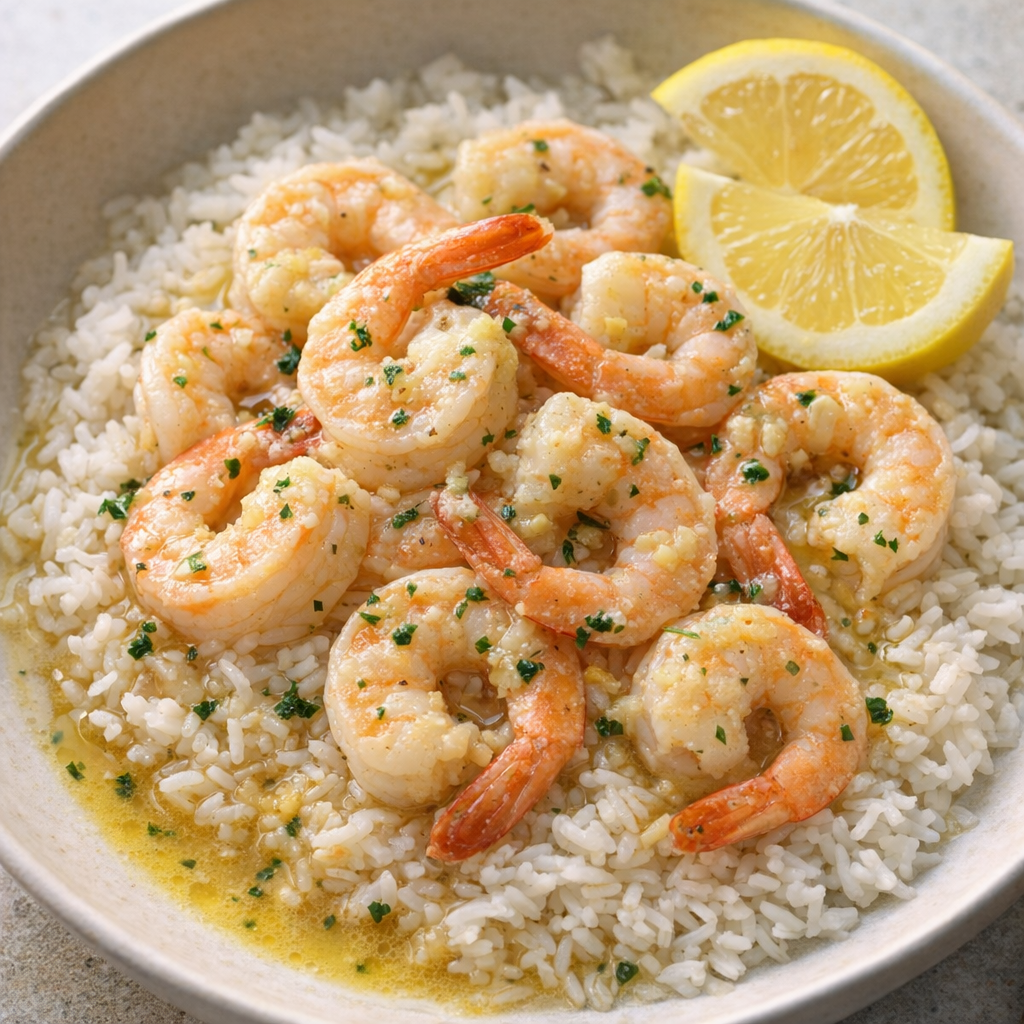 Slow cooker shrimp served over rice with lemon wedges