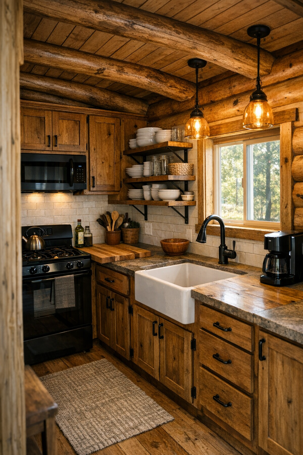 Rustic cabin kitchen with stained wood cabinets, butcher block counters, and a farmhouse sink