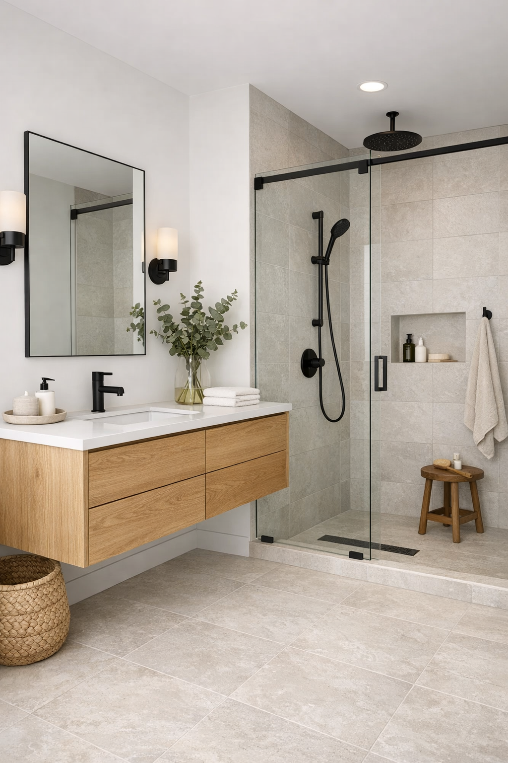 Minimal bathroom with a floating oak vanity, light tile, and glass shower