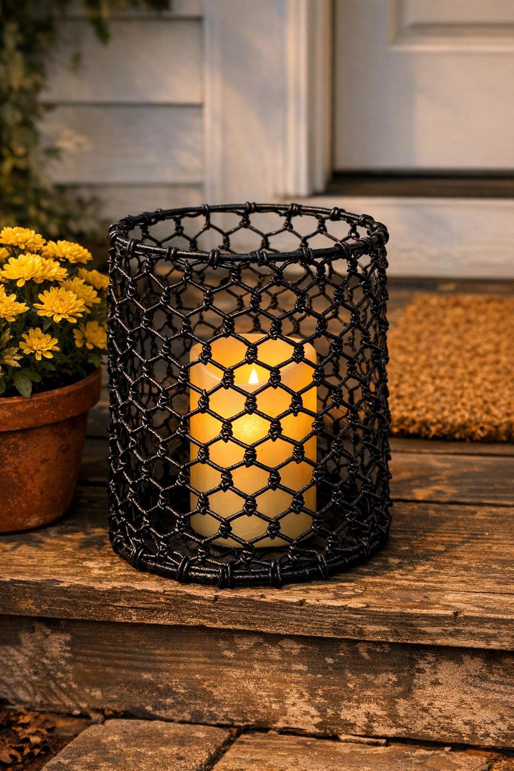 Finished textured metal porch lantern with LED candle on a front porch
