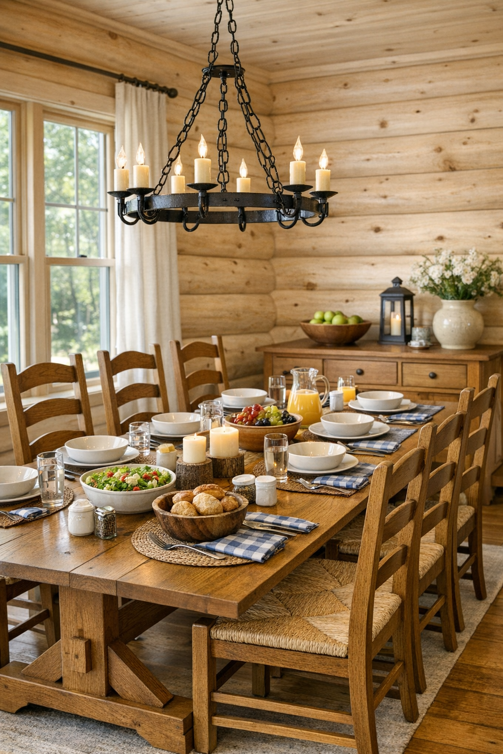 Warm dining room with Amish trestle table, ladder-back chairs, and iron chandelier
