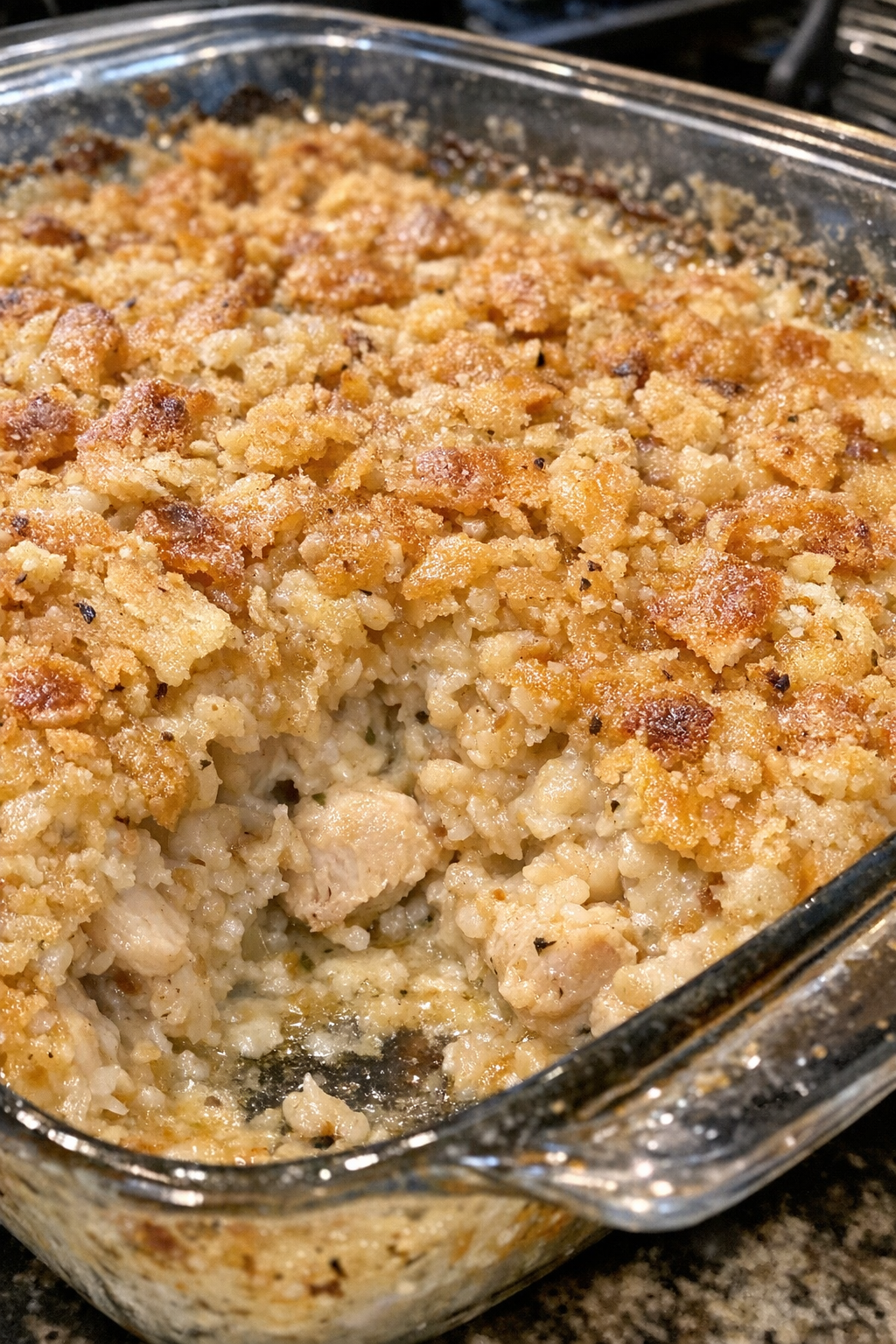 Bubbling golden-brown crusted casserole in a 9x13 baking dish