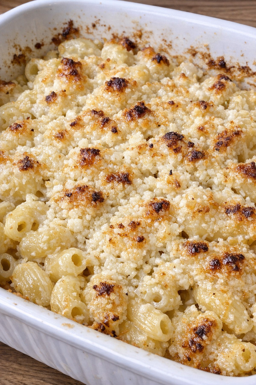 Creamy baked elbow pasta in a white casserole dish