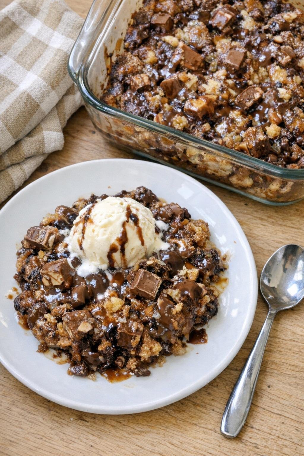 Finished baked candy bar dessert in a glass dish