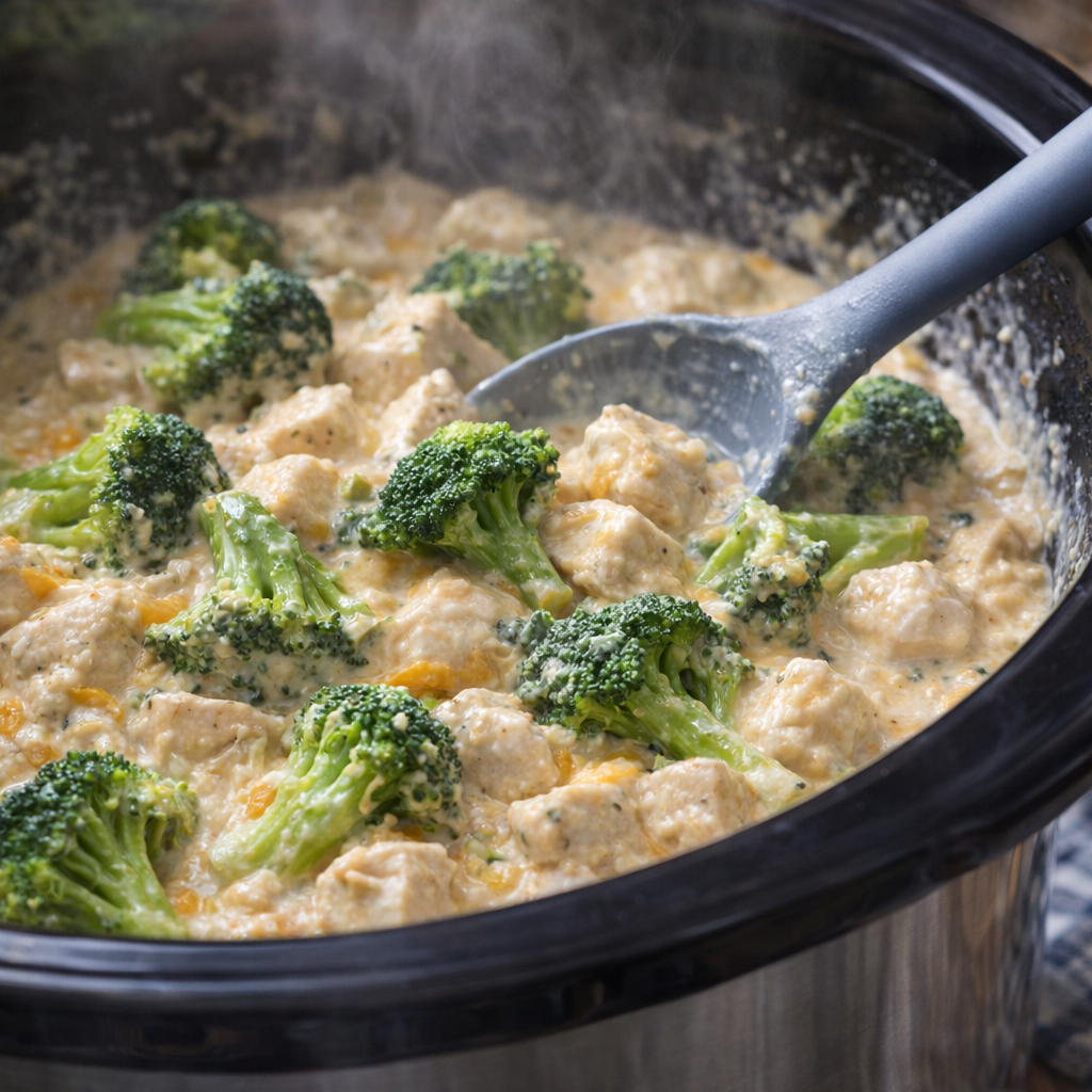 Broccoli added to cheesy chicken in the slow cooker